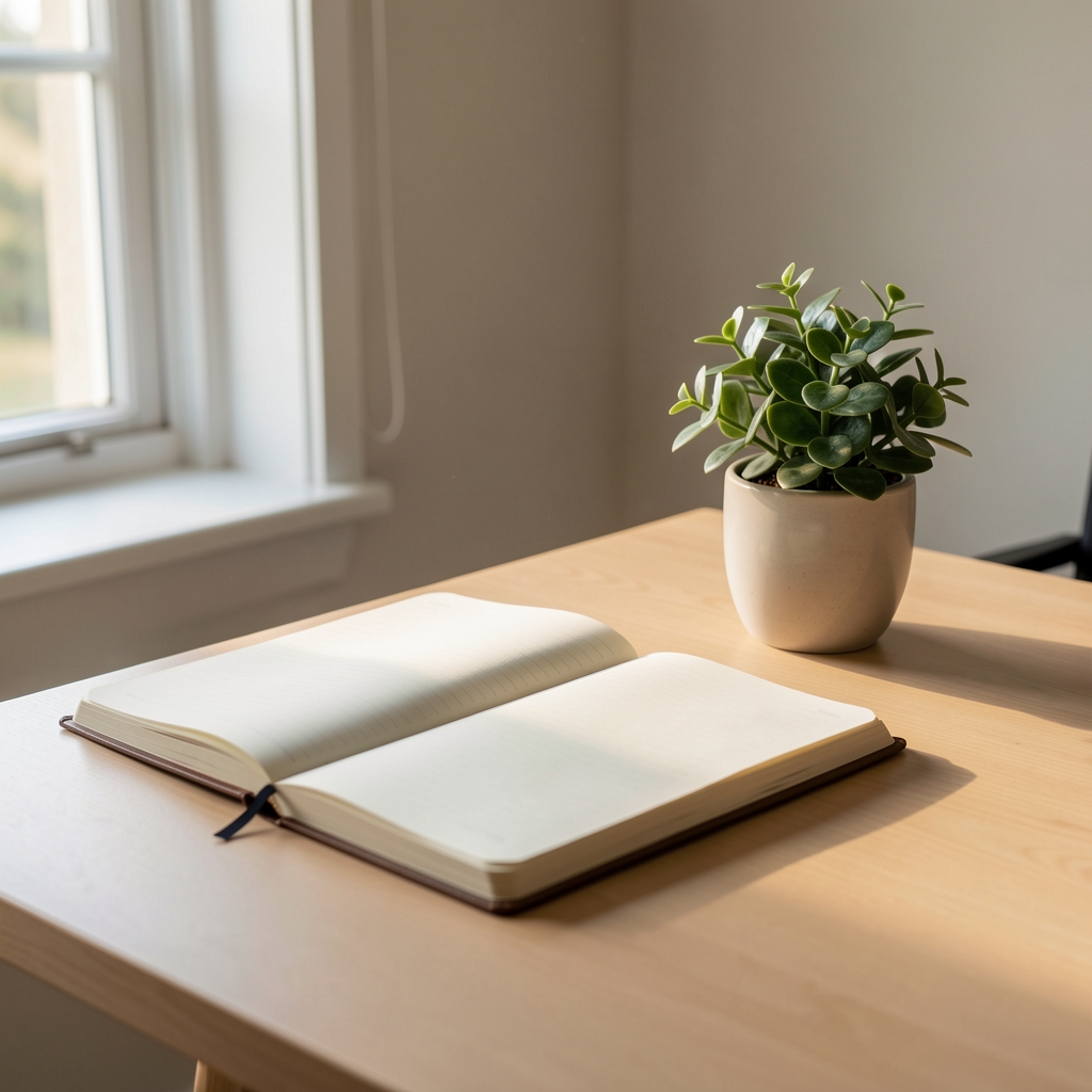 Minimalist writing desk in a quiet room with morning light, notebook open to a blank page, and a single pen placed neatly beside it