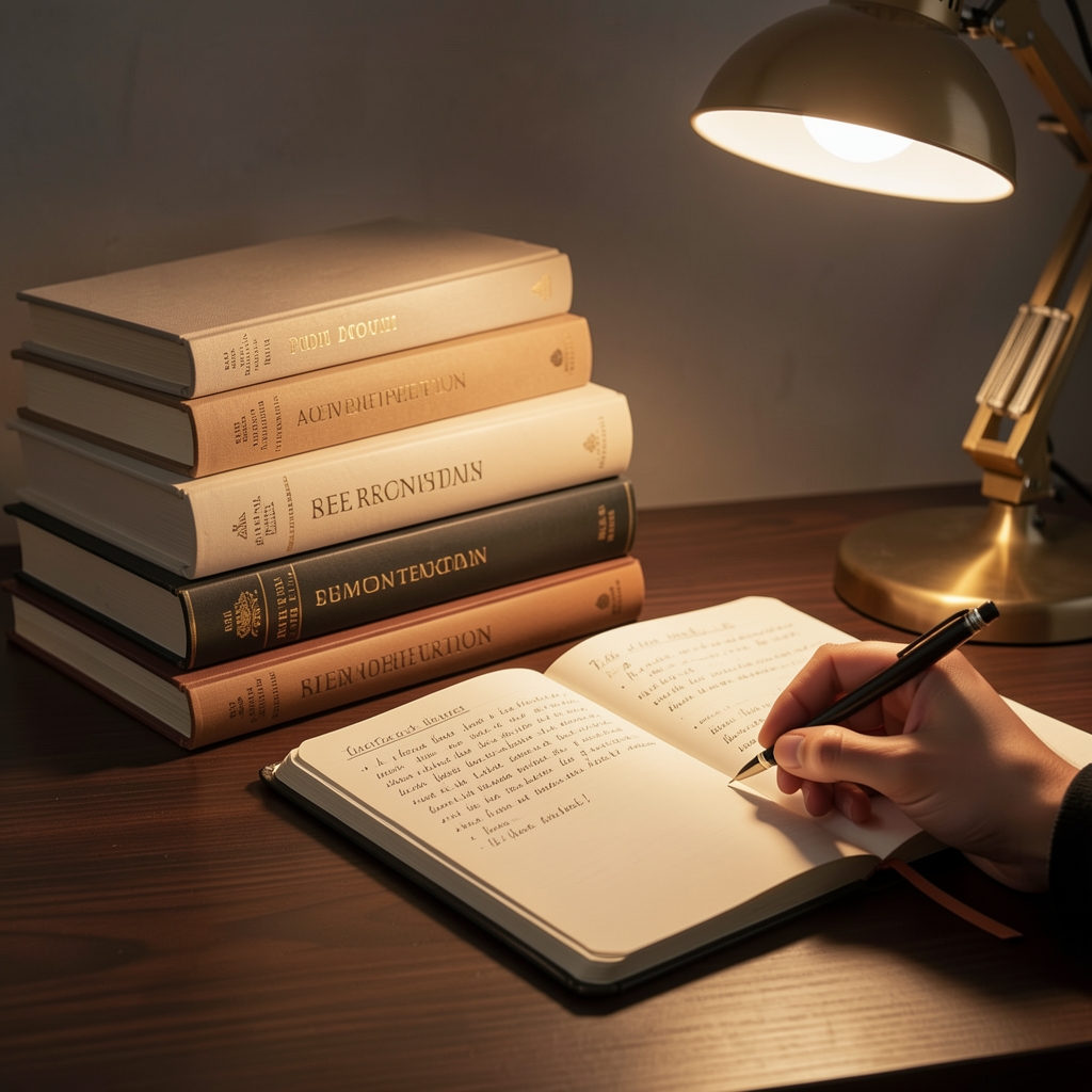 Stack of reference books and a hand-annotated journal on a dark wooden surface under warm desk lamp light