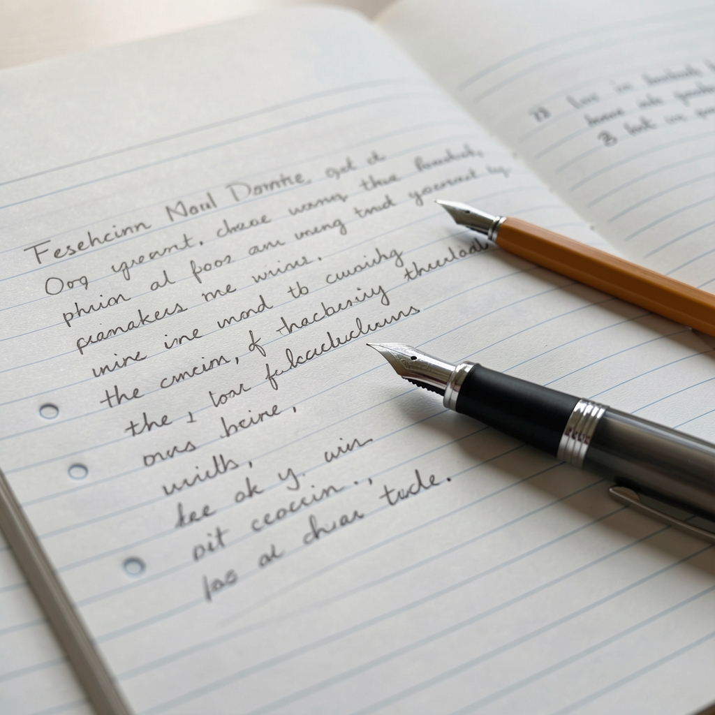 Close-up of handwritten research notes with a pen resting across the page, captured in natural daylight