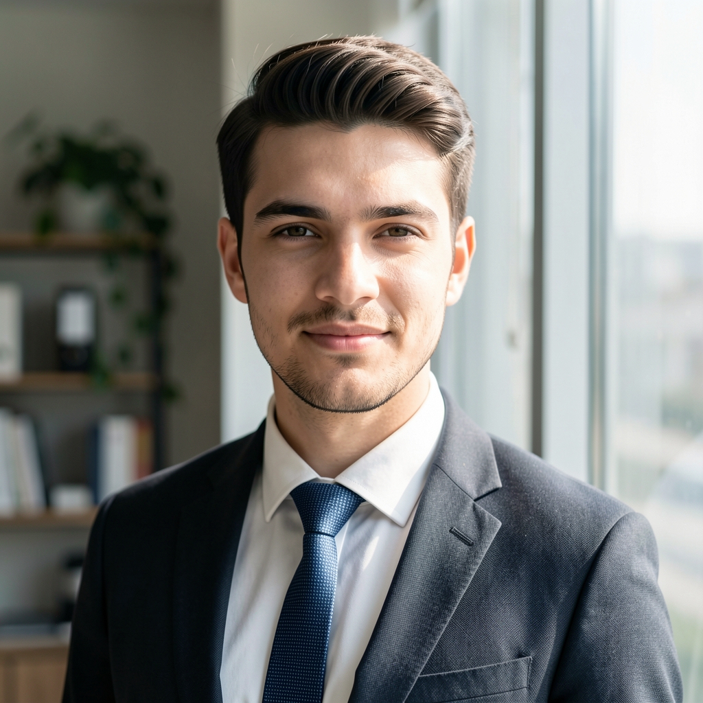 Editorial portrait of Tobias Ashcroft standing near a window in natural light