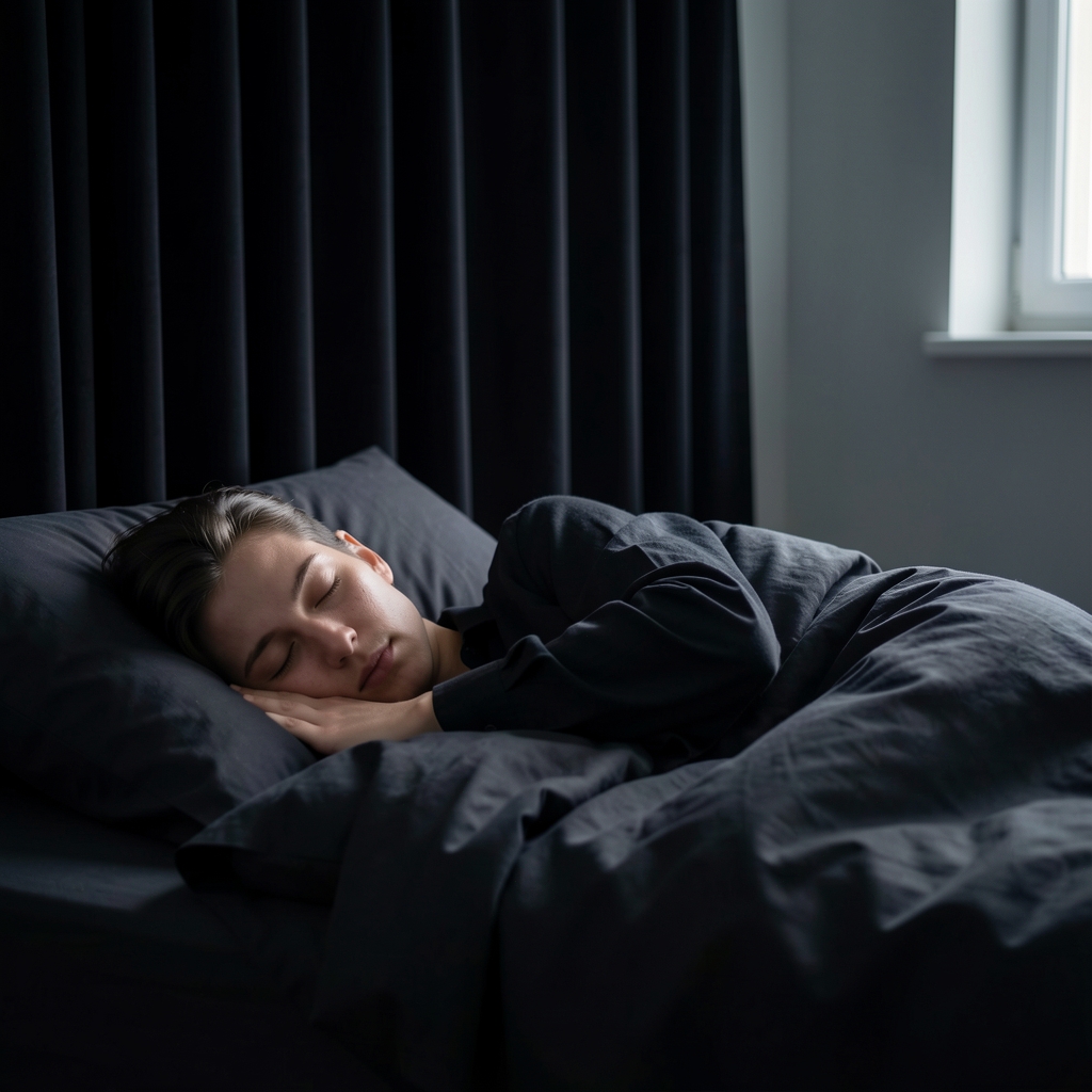 Person lying in a dark, calm bedroom with blackout curtains and minimal ambient light, depicting a restful sleep environment setup