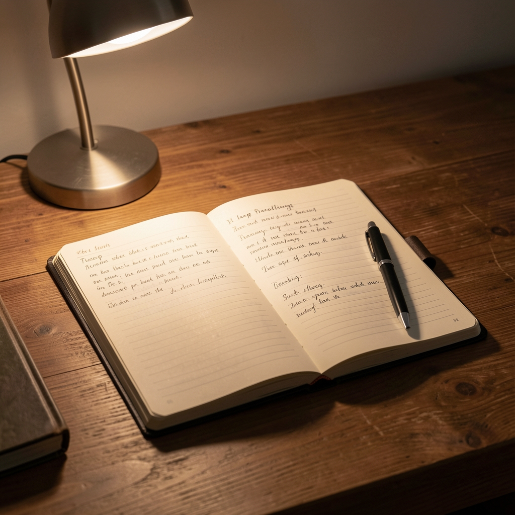 Open sleep tracking journal on a wooden desk beside a dim lamp, with handwritten notes and a pen resting on the page