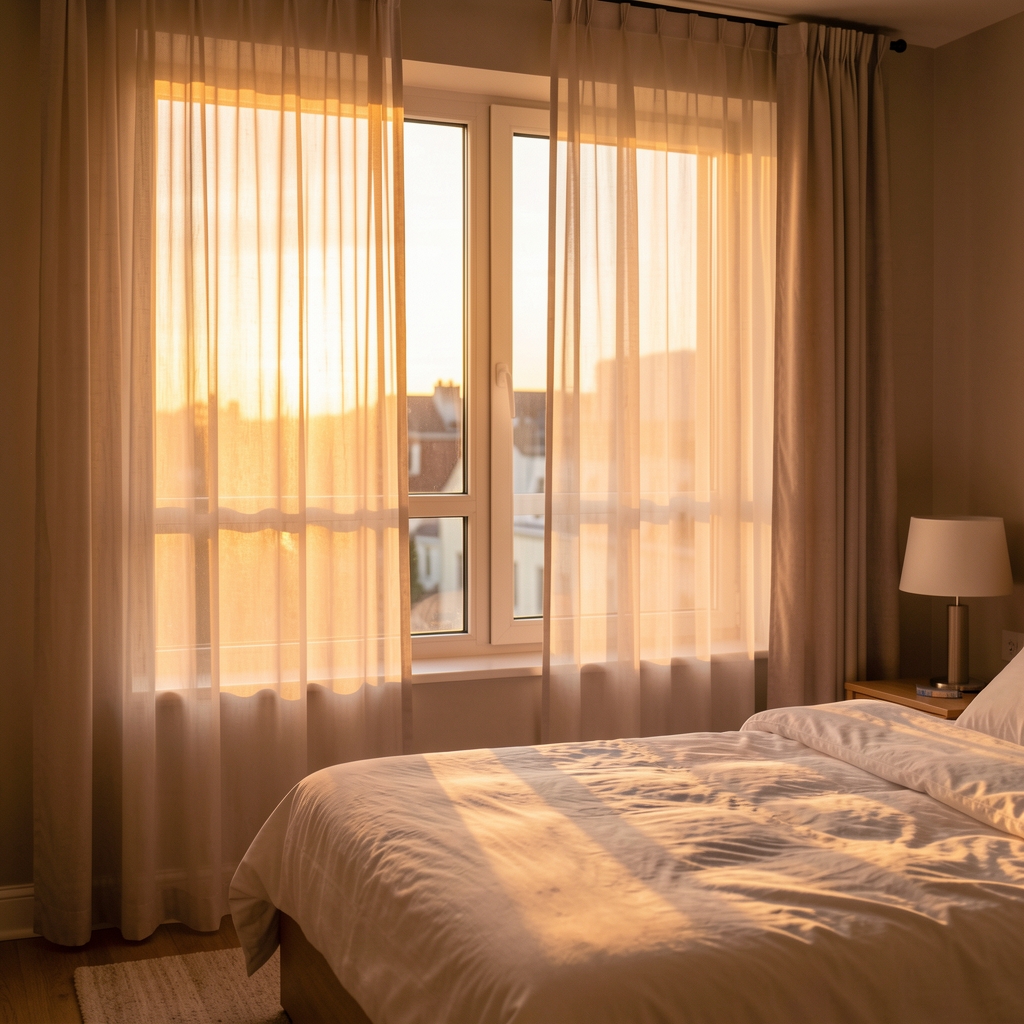 Bedroom window with warm evening light filtered through thin curtains, showing a peaceful wind-down atmosphere in a minimal room