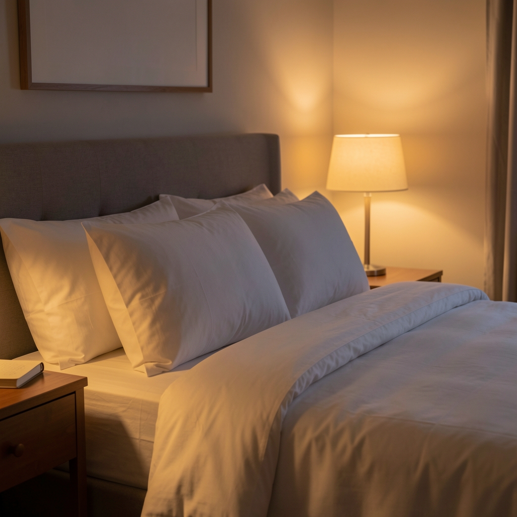 Quiet bedroom interior at night with warm bedside lamp casting soft amber light over neatly arranged pillows and a bedside journal